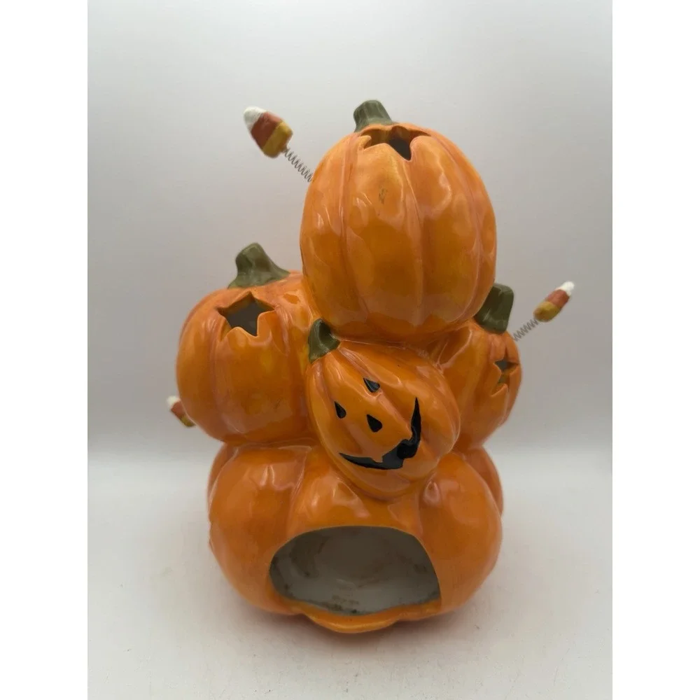 Vintage Ceramic Jack O' Lantern Pumpkin Candle Holder Candy Corn Halloween Decor